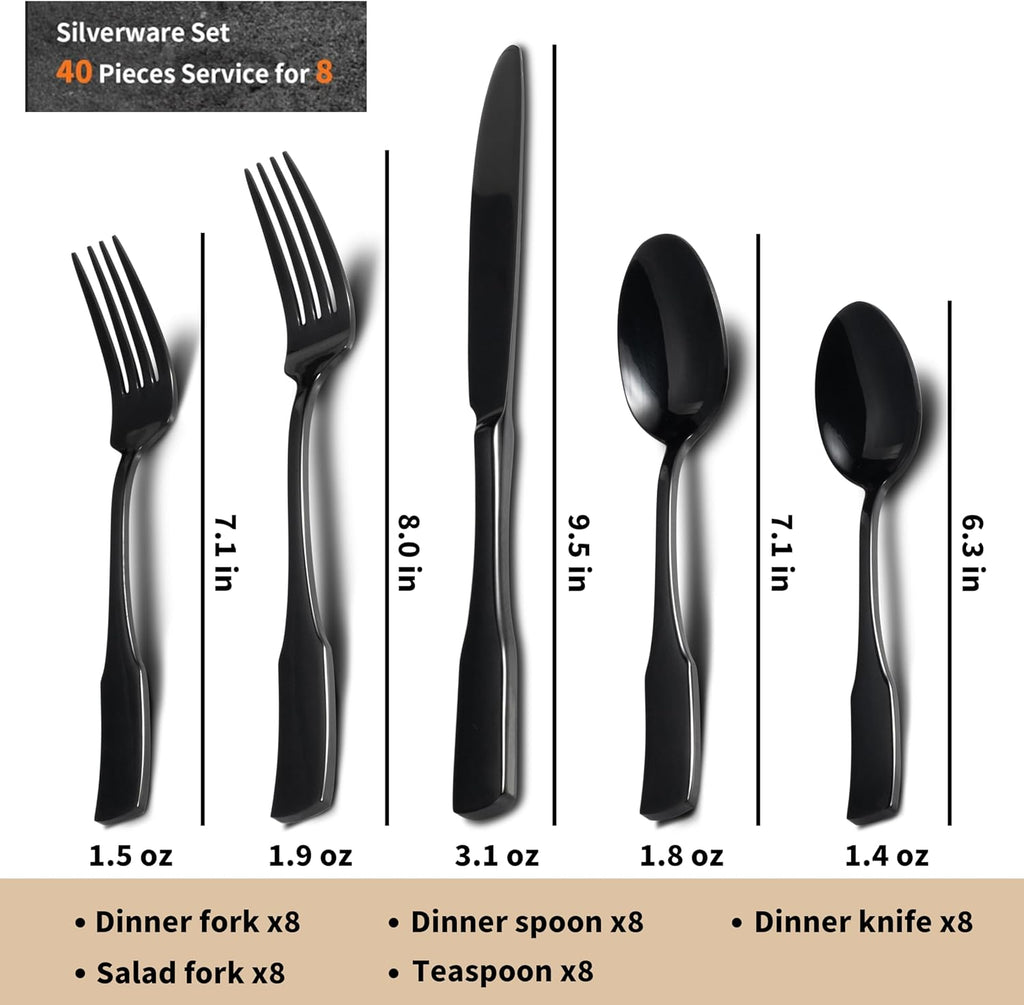 Black Mirror 40-Piece Silverware Set,Service for 8,Stainless Steel Flatware Set,Mirror Cutlery Set,Dishwasher Safe