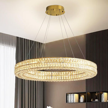 Led Ring Crystal Chandelier for Living Room, Modern Dimmable Chandeliers Lighting and Hanging Adjustable, LED Round Ceiling Chandelier for Dining Room (40inch,Gold)
