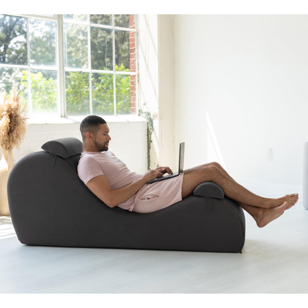 Chakra Yoga Chaise - 2 Adjustable Headrests & Handles with Adjustable Straps, Micro-Velvet/Microloop, Black & Grey