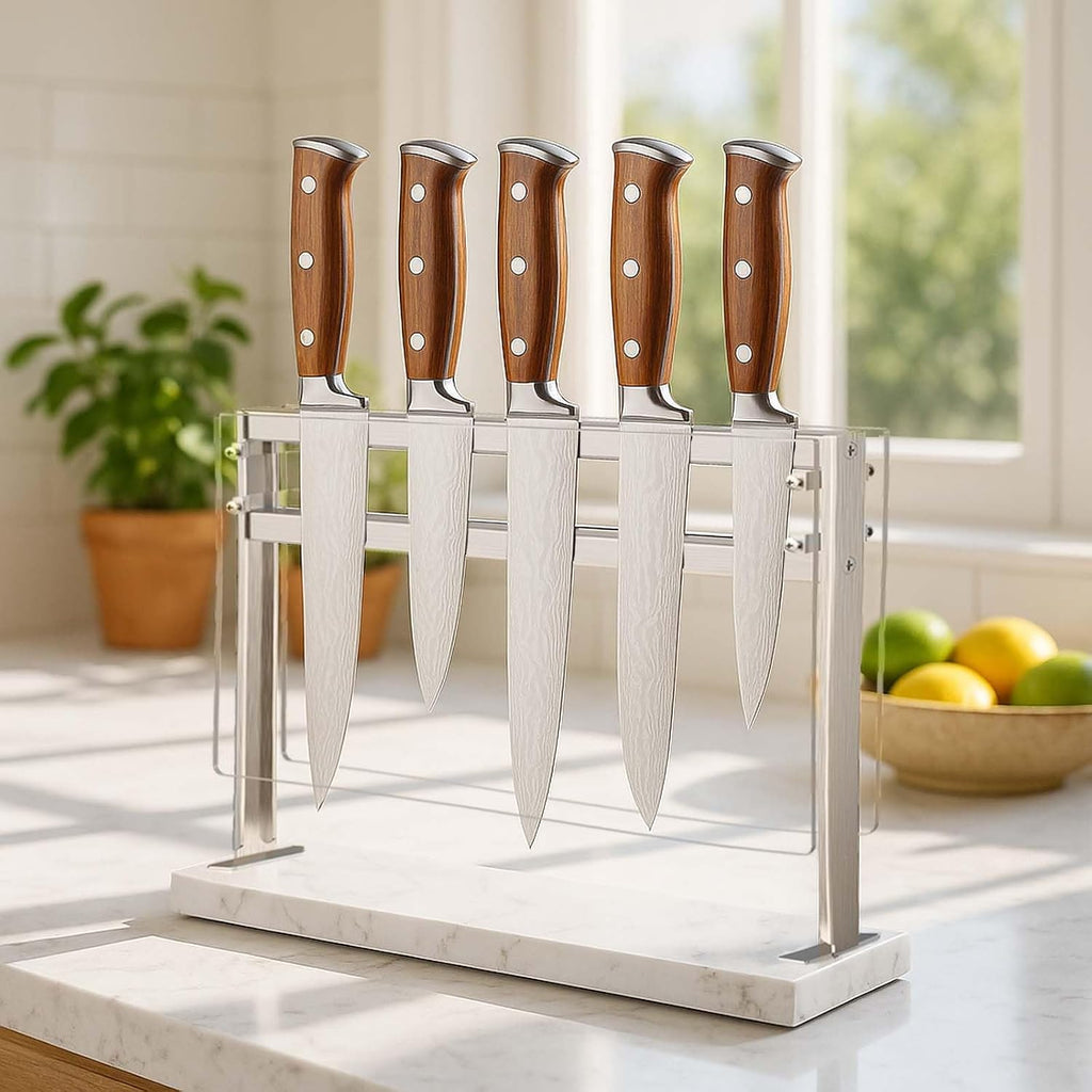 Acrylic Shield Magnetic Knife Block Holder - Marble Base Magnetic Knife Stand for Counter Top -Double Sided Magnetic