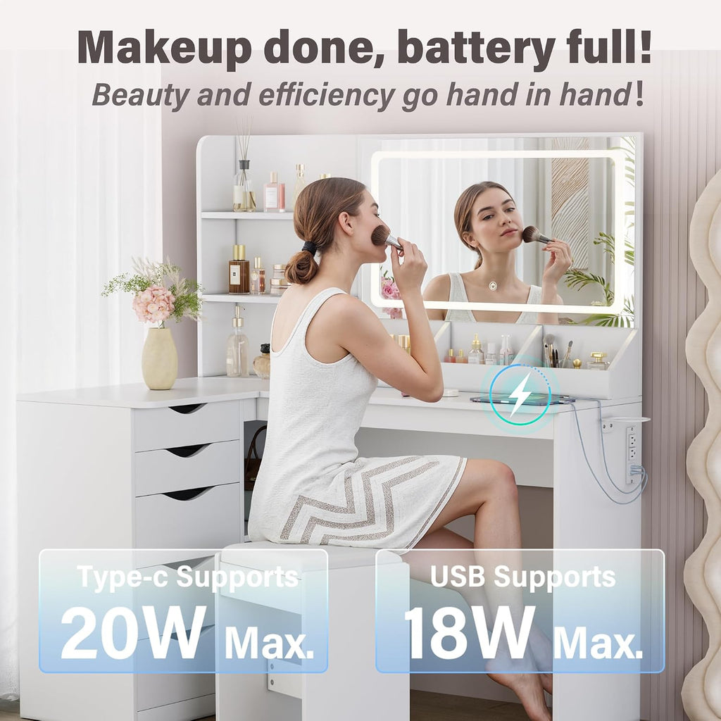 Vanity Desk with Mirror, L Shape Vanity, LED Lighted Mirror, with Fast Charging Power Outlet and 3 Storage Shelves