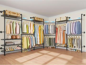 L6 Closet Rack Wall Mount for Corner - Expandable Industrial Pipe Closet , Heavy Duty Hanging Garment Rack, Closet