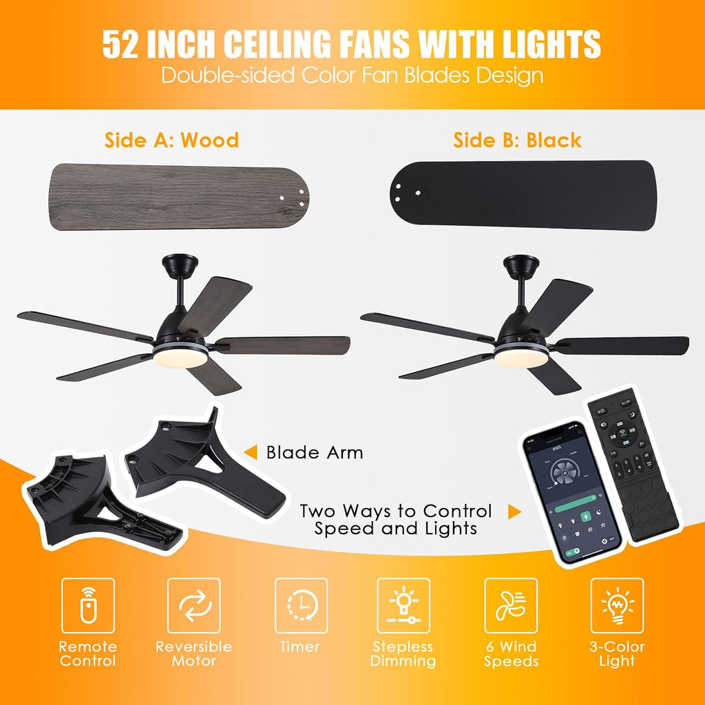 Ceiling Fans with Lights, 52 Inch Low Profile Ceiling Fan with Light and Remote Control,Reversible, RGB_3CCT, Dimmable, Quiet, Black Ceiling Fan for Bedroom Indoor/Outdoor Use