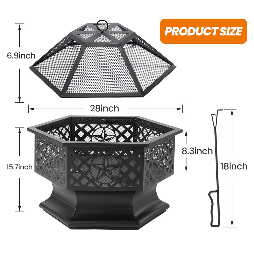 28 Inch Hexagonal Fire Pit with Spark Screen&Fire Poker Black