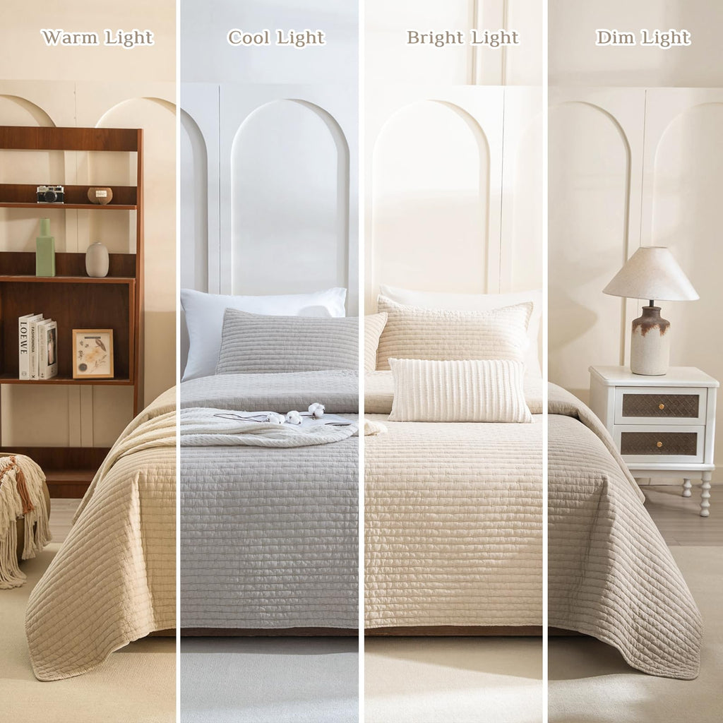 Oversized King Quilt 120x120, Stone-Washed Cotton Wheat, 3 Pieces Lightweight Ultra Soft California King Coverlet Set