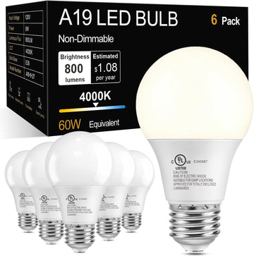 A19 LED Light Bulbs, 4000K Cool Neutral White,60W Eq,E26 Standard Base