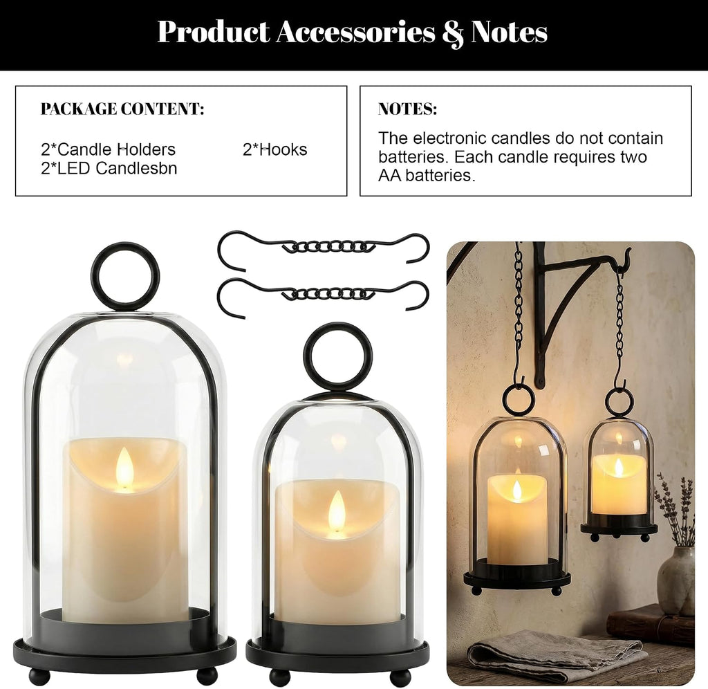 Hurricane Candle Holders Set of 2-10" & 7.8" Black Metal Base with Glass Dome, Includes 2 Pillar Candles, Hanging or