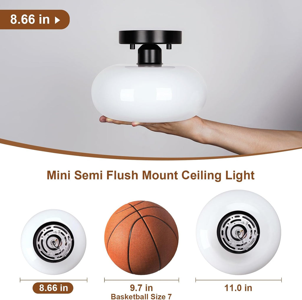 Mid-Century Modern Black Semi Flush Ceiling Light 8.66 Inch | Mini White Glass Shade Close to Ceiling Lighting