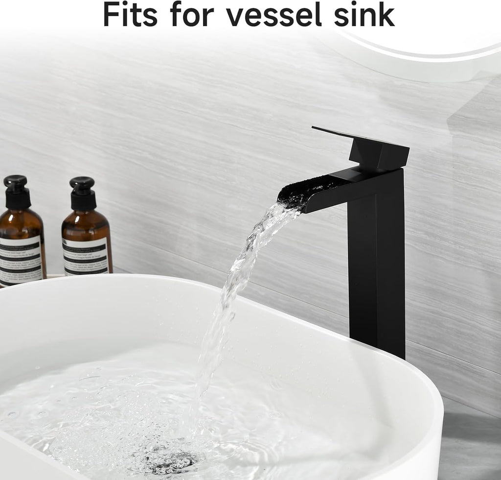 Black Tall Waterfall Bathroom Faucet, Single Hanlde Vessel Sink Faucet with Waterfall Spout