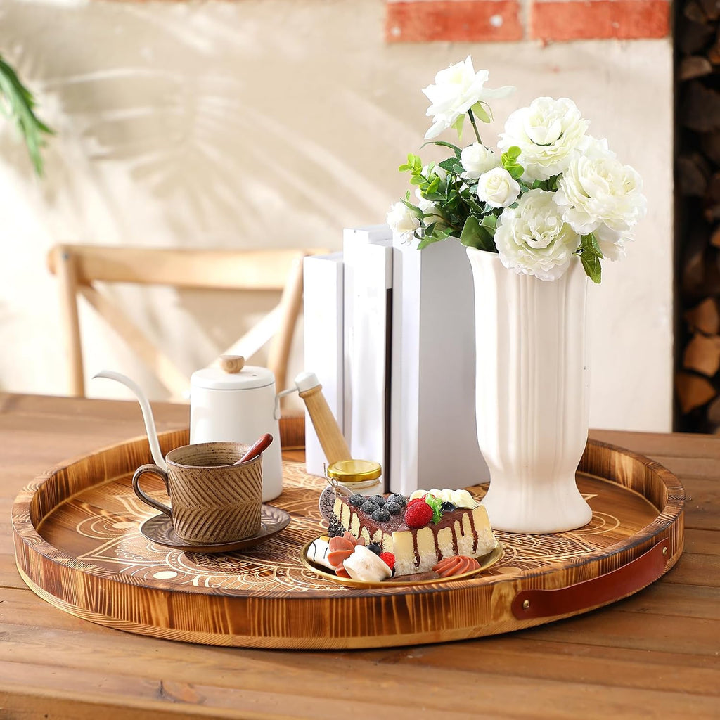 24 Inch Ottoman Tray Mandala Wooden Serving Tray with Handle Rustic Round Ottoman Large Farmhouse Coffee Table