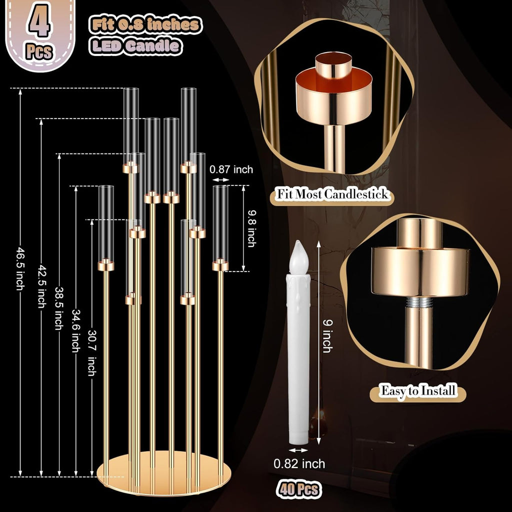 4 Pcs 10 Arm Wedding Gold Candelabra Floor Centerpieces with 40 LED Candle 46.5'' Tall Candlestick Metal Holder with