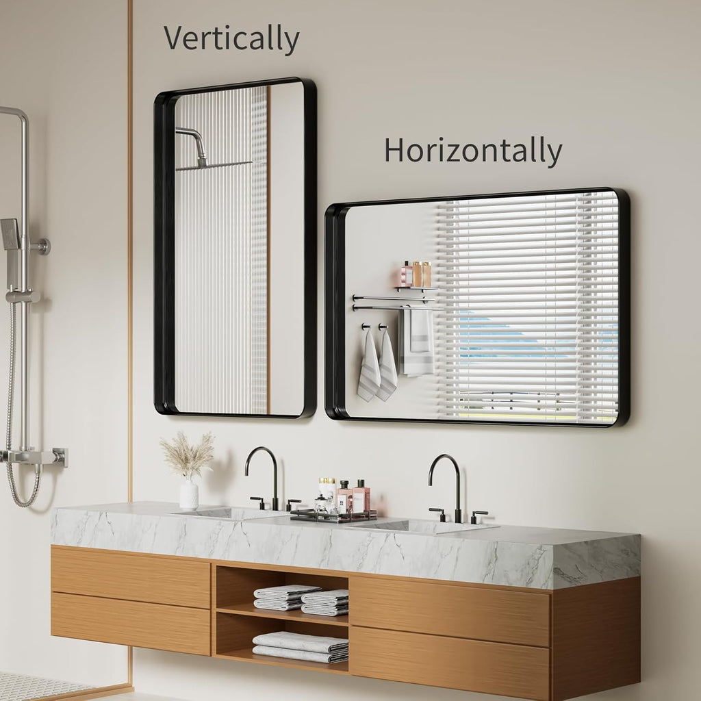 Black Wall Mirror , 30x48 Inch Matte Deep Framed Rounded Rectangle Vanity Mirror for Farmhouse Living Room, Tempered