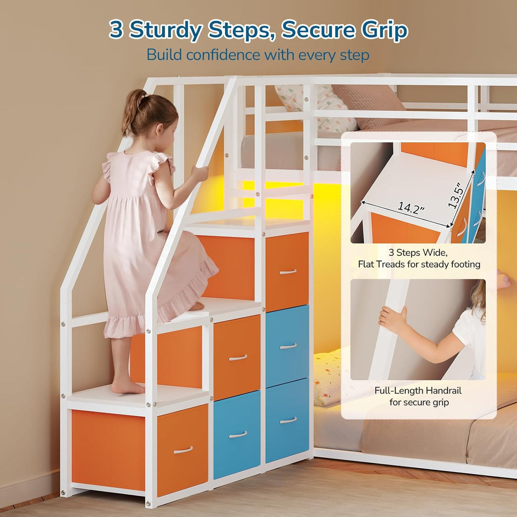 Low Bunk Bed Twin Over Twin with 6 Storage Drawers and 6-Pocket Organizer, Reversible Storage Staircase(Left or Right)