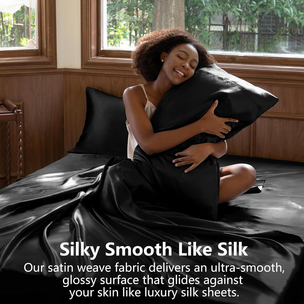 Satin Sheets Bed Set - Silky Soft Bedding Similar to Silk, 4 Piece Sheet Set for Hair and Skin, Deep Pocket