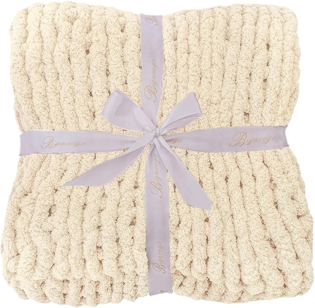 Chunky Knit Throw Blanket, 40x60 inches, 100% Hand Knitted with Thick Jumbo Chenille Yarn, Cozy Soft Large Rope Knot