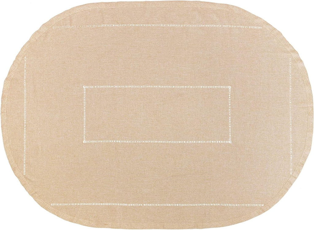 Solid Beige Color Double Hemstitched Dining Oval Tablecloth (Beige, Oval 60x120 inches)