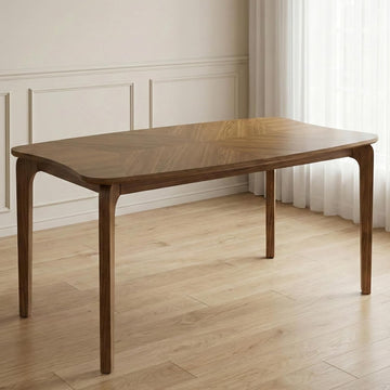 Mid-Century Modern Walnut Color Dining Table, 63" Rectangular Kitchen Table with Solid Wood Legs, Curved Edges