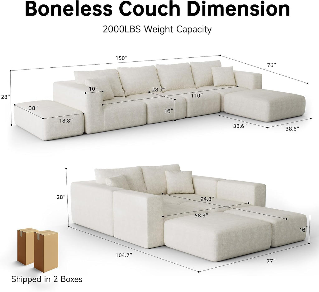 150" Oversized Boneless Sectional Couches ,Comfy Modern Modular Sectional Sofa,Extra Deep 6 Seater,Large Plush Cloud