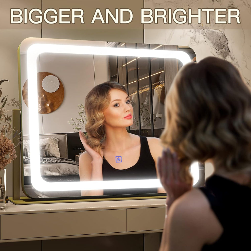 Gold Vanity Mirror with Lights 22"x19", LED Lighted Makeup Mirror, Large Makeup Mirror, Make up Mirror with Lighting