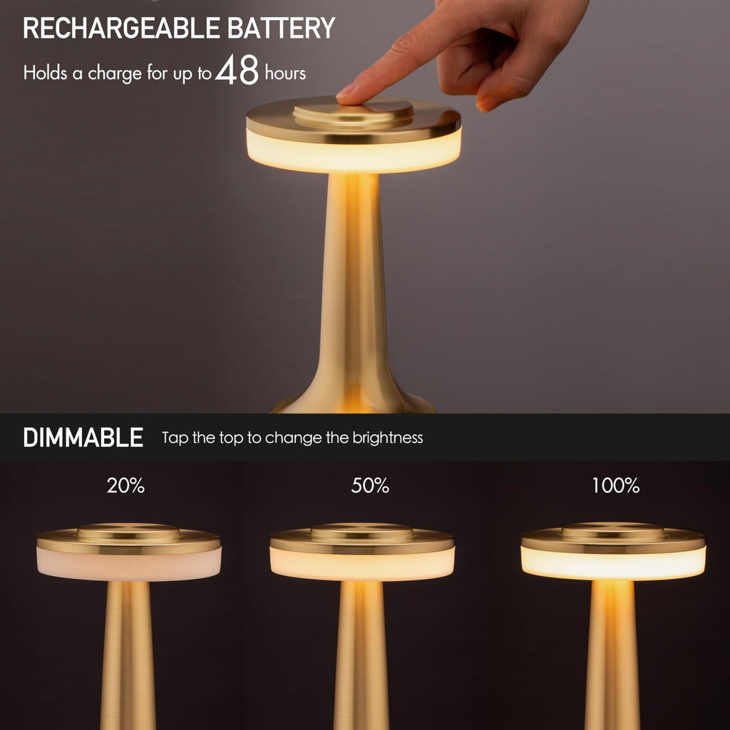 Dome Cordless Rechargeable LED Mushroom Table Lamp, Gold