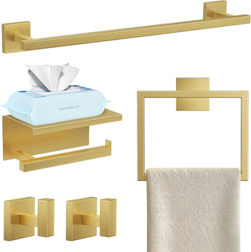 5-Pieces Brushed Gold Bathroom Hardware Accessories Set Stainless Steel Bathroom Towel Bar Set Towel Holder Set