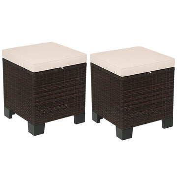 2 Pieces Outdoor Patio Ottomans All Weather PE Rattan Cream White