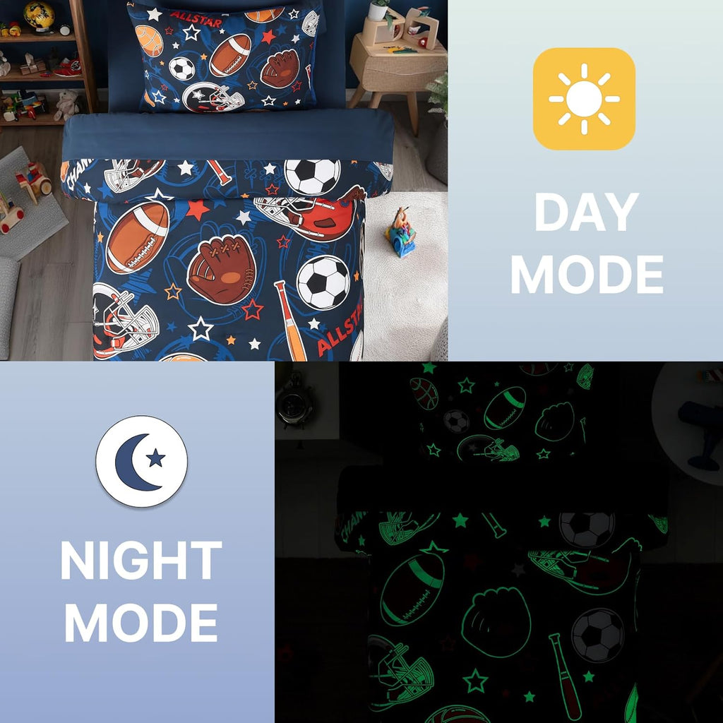 Comforter Set for Boys-5 Pieces Sports Ball Games Glow in the Dark Bedding Sets for Kids, Soft Bed in A Bag