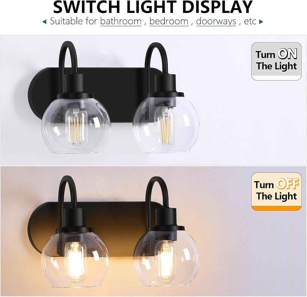 Modern 2-Light Vanity Light, Bathroom Lighting Fixture Over Mirror With Clear Glass Shade and Metal Base, Matte Black