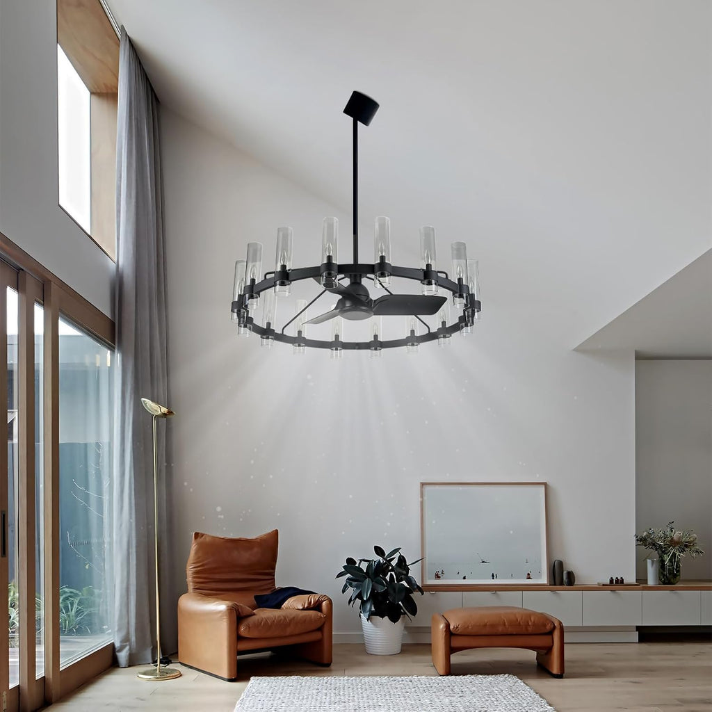Inspired Ravelle Style Black Ceiling Fans with 16 Lights Wagon Wheel Chandelier, 48 Inch Modern Farmhouse Fandelier, Quiet 6-Speed Reversible DC Motor, 1/2/4H Remote Timing for Living Room/Bedroom/Kitchen