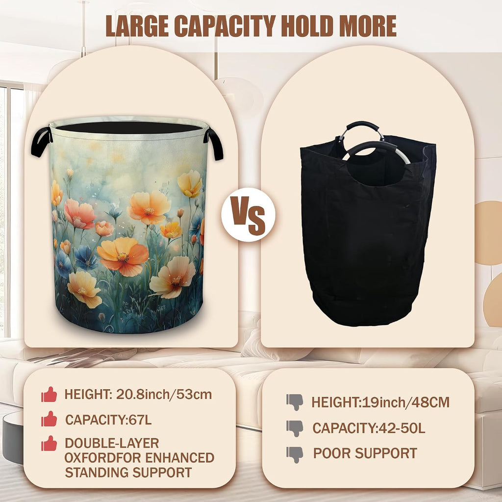 Watercolor Wildflower Laundry Basket, Laundry Hamper Waterproof Oxford Cloth Tote Bag,Clothes Storage Bucket