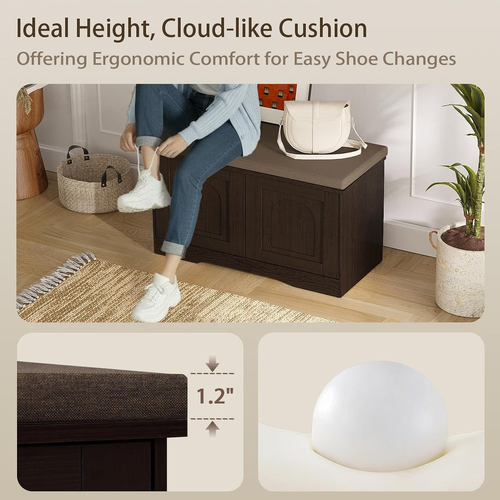 Shoe Storage Bench with Cushion, Entryway Bench with Seat & Doors | 2-Tier Shoe Cabinet Bench Fits 6 Pairs