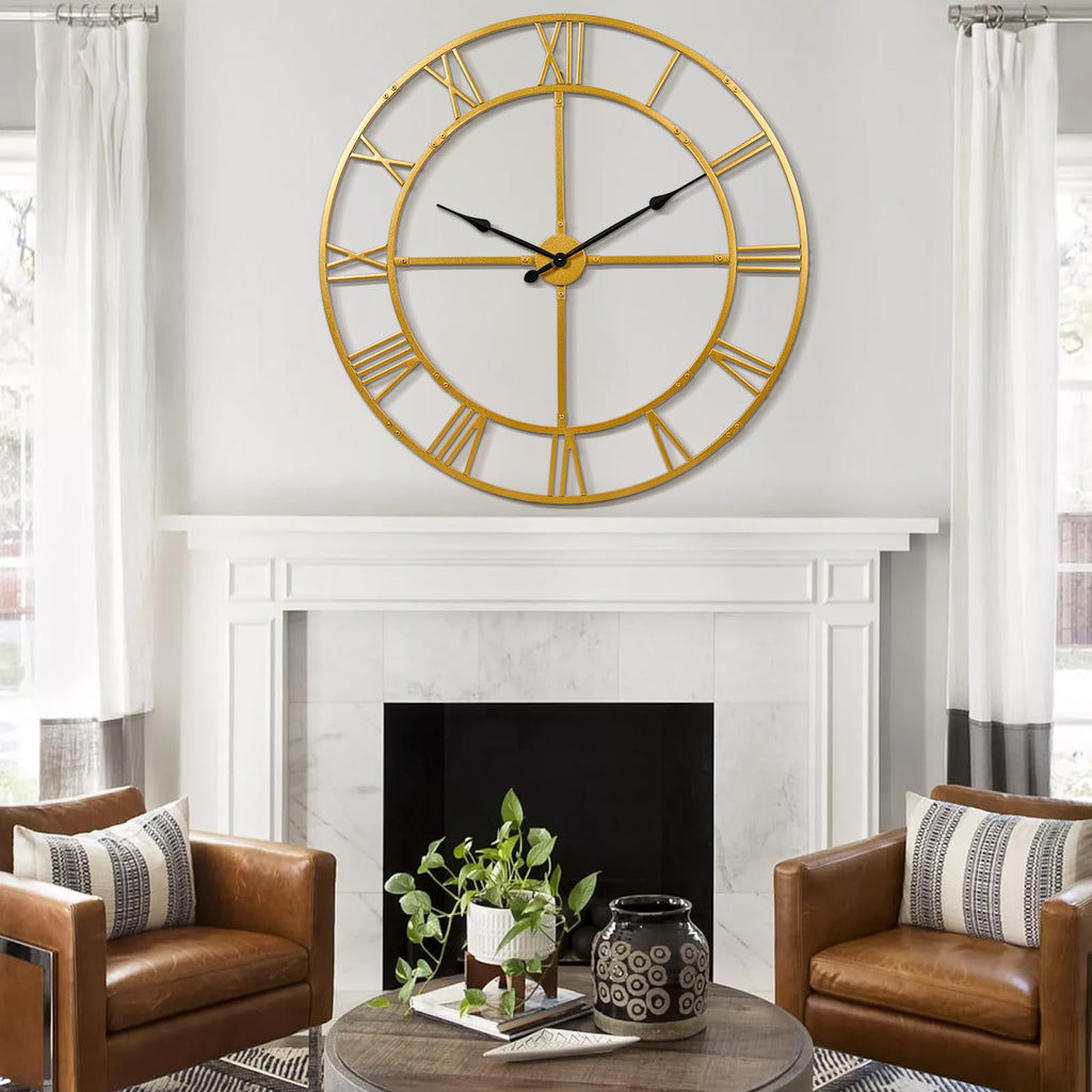 40 Inch Large Silent Wall Clock, Easy Assembly Roman Numeral Gold
