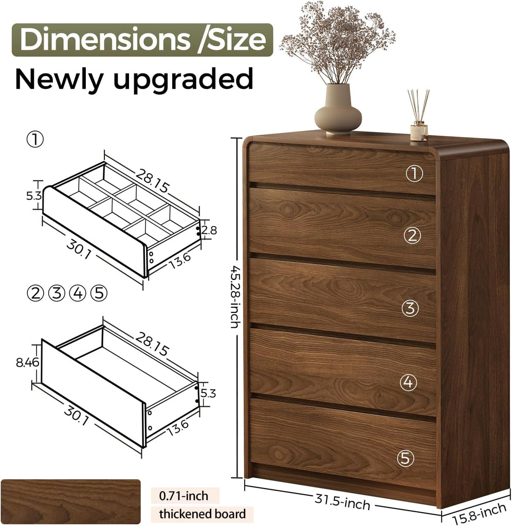 Mid Century Modern 5 Drawer Dresser with Organizer | Top Drawer with 6 Compartments, 45" Tall Chest of Drawers, 31.5"