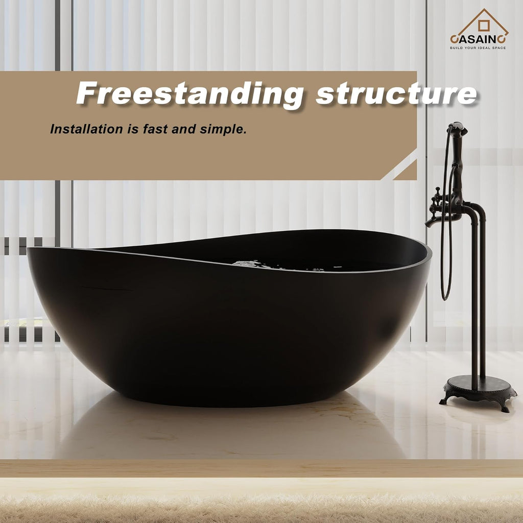 63" Free Standing Tub, Matte Black Stone Resin Freestanding Bathtub Solid Surface Soaking Tub with Drain, Drain Hose