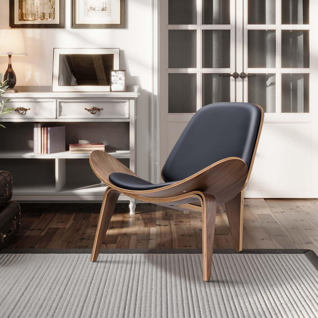 Mid Century Modern Shell Lounge Chair, PU Leather, Tripod Plywood Classic Design Solid Wood Accent Chairs , Reading