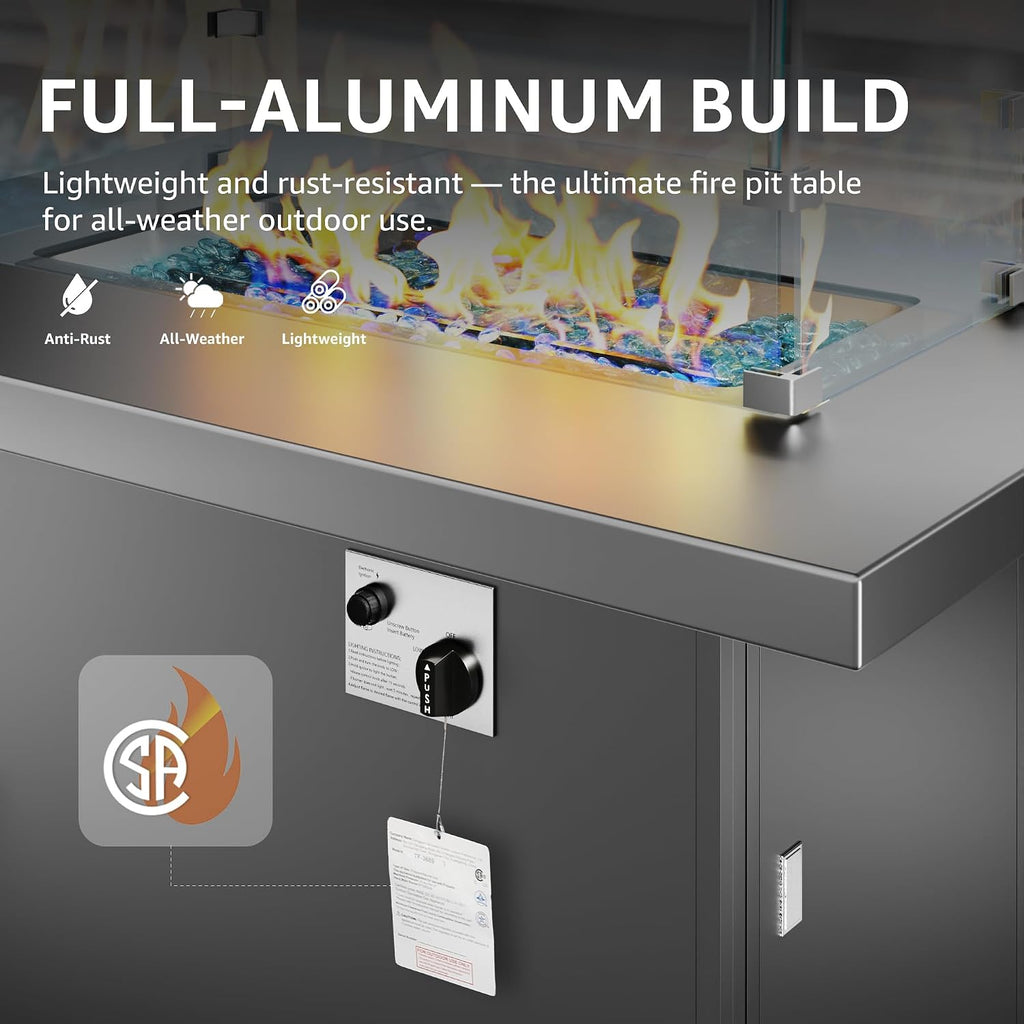 43" Aluminum Propane Gas Fire Pit Table, 60000 BTU Outdoor Patio | Natural Gas Dual Fuel, CSA Certified, Wind Guard