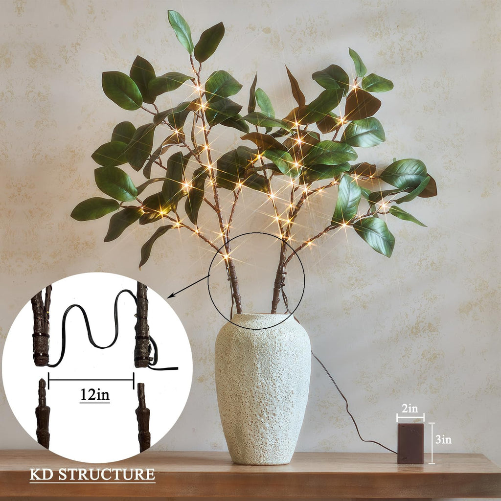 Lighted Magnolia Branches with Timer 32IN Battery Operated or USB Plug in, Faux Greenery Willow Branch with Lights 60