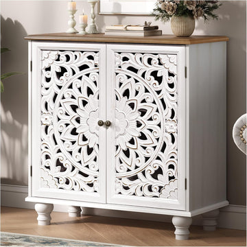 31" Accent Storage Cabinet with Carved Doors,Mandala White | Carved Floral Design, Solid Wood Legs, Boho/Farmhouse