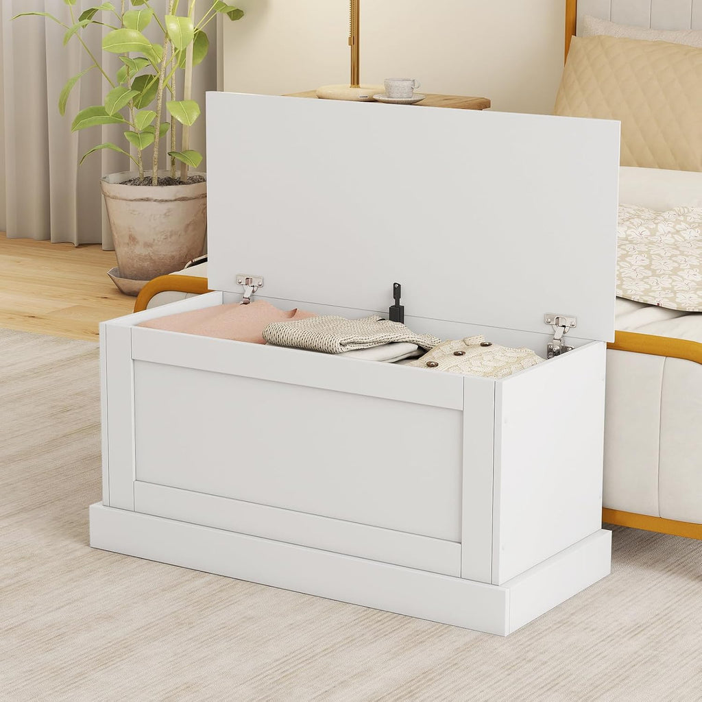 35.5-inch Wooden Storage Bench, Lift Top Storage Box (White) | Large Storage Chest | Farmhouse Storage Trunk | Metal