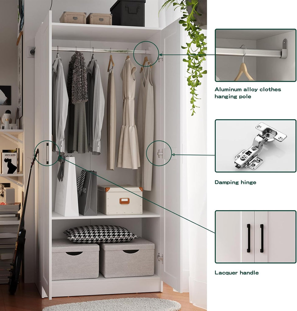Fddevelop Wood White Wardrobe Closet with 2 Doors,Bedroom Freestanding Armoire Storage Cabinet with Shelves,Wooden