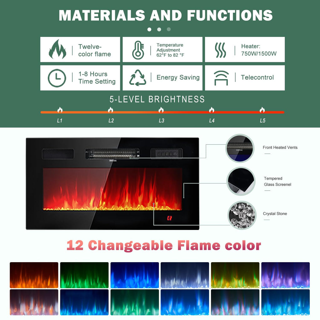 Fireplace TV Stand with 36" Electric Fireplace, 80" 2 Tier TV Console Stand for TVs Up to 90"", LED Light