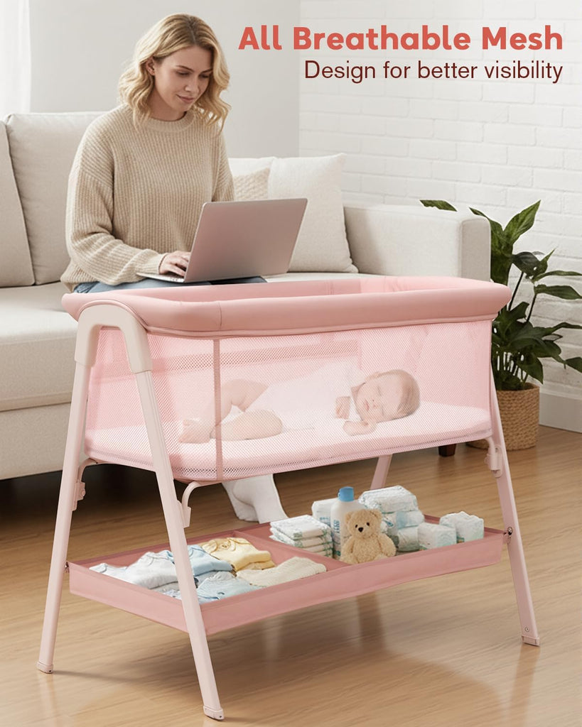 Bassinet, Bedside Bassinet for Baby | Bassinet Bedside Sleeper with Mattress, Storage Basket and 4 Auto-Lock Wheels