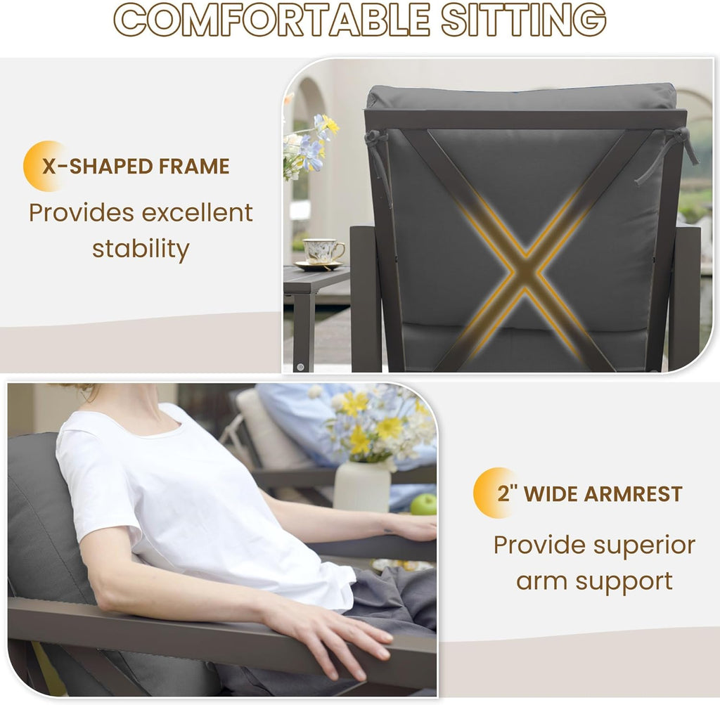 Rocking Chair Outdoor Set 2 w/Coffee Table, 3 Pc Metal Bistro Set | Metal Rocking 6.5" Water-Resistant Cushions