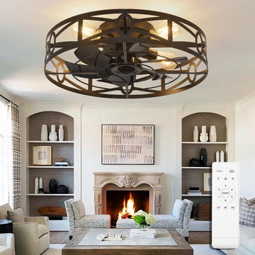 Flush Mount Ceiling Fan: 20" Caged Ceiling Fans with Remote Control - Low Profile Fandelier Lights Fixture Reversible