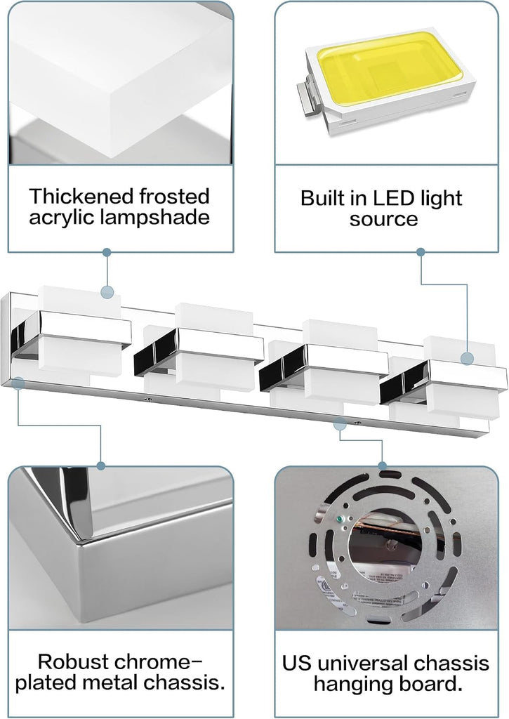 Modern Vanity Light Chrome, 32W Dimmable LED Bathroom Light Fixture Over Mirror, 2560LM Bright Minimalist Vanity