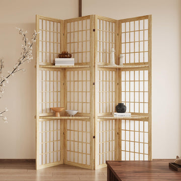 5.6FT Room Divider and Folding Portable Partition Screen, Chinese Japanese Shoji Style with Three Display Shelves for