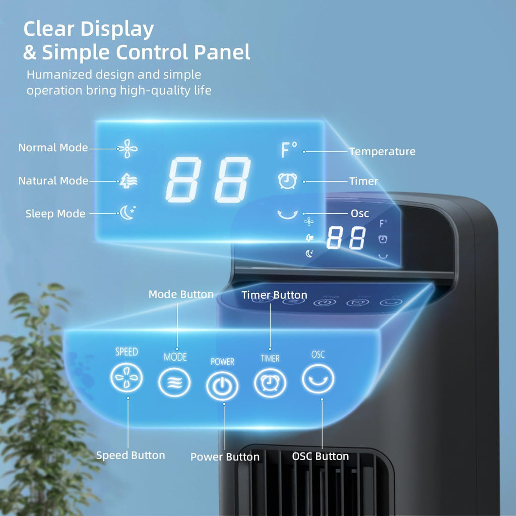 Portable Bladeless Tower Fan, 80° Oscillating Design, Remote Control Included, 5 Speeds & 3 Modes, Quiet Cooling