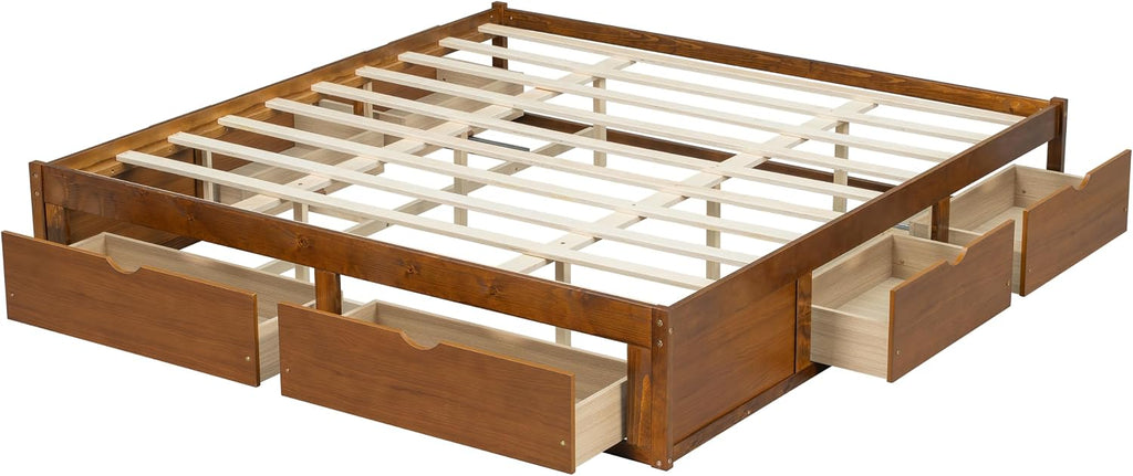 Solid Wood Floor King Bed Frame with Storage Drawers No Headboard(Walnut)