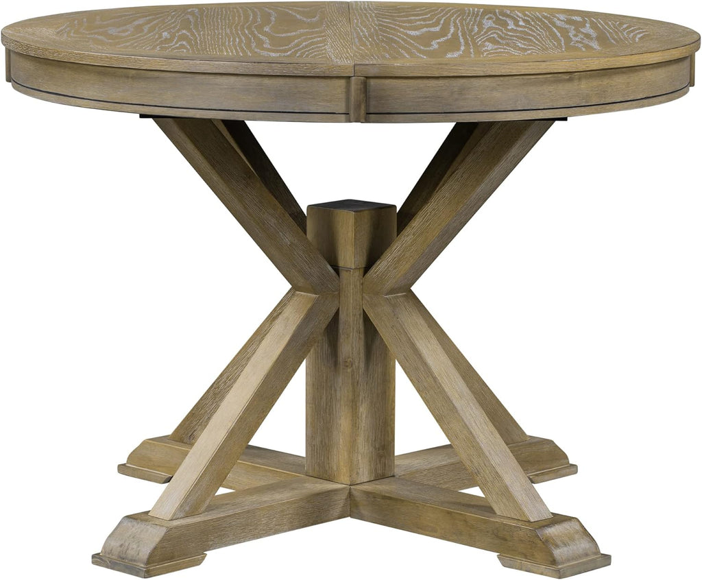Retro Style Round Dining Table Functional Wooden Extendable Oval Dining Table with 12" Leaf and Natural Wood Grain