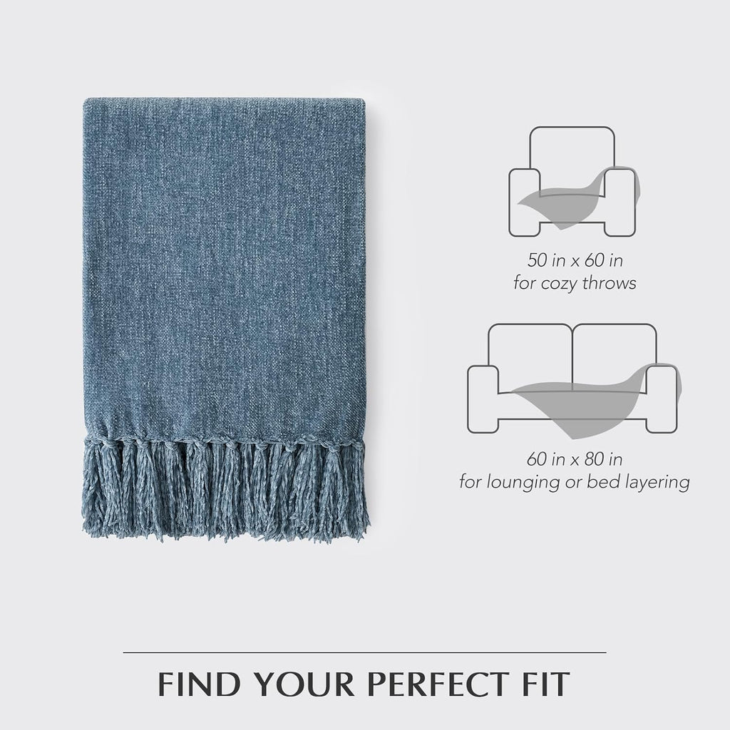 Soft Chenille Throw Blanket, Cozy Plush Fuzzy Decorative Chenille Knit Throw Blanket with Tassels, Lightweight